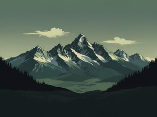 Sublime Dark Mountain Art on Light Green Canvas - Minimalist Landscape Illustration