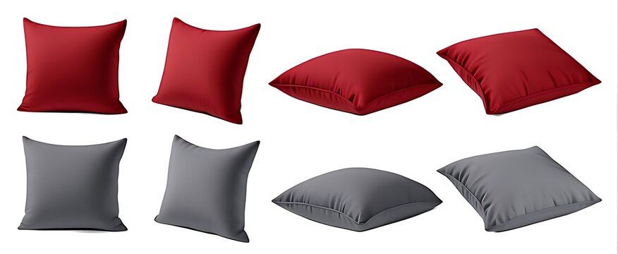  set of red maroon grey gray blank cushion pillow cover, front side lying view on white background. Many angle. Mockup template for design 