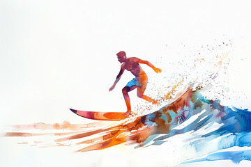 Minimalistic watercolor of surfing on a white background, cute and comical,