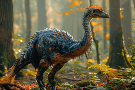A mysterious Therizinosaurus, with its long claws and bizarre appearance, browsing for vegetation in dense prehistoric forests. Concept of bizarre herbivore. Generative Ai.