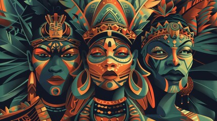Vibrant Tribal Portraits with Exotic Headdresses in Illustration