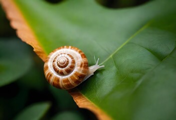A close-up of a snail shell on a green leaf