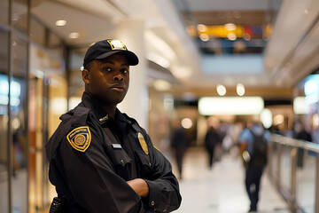 stern security guard in shopping center