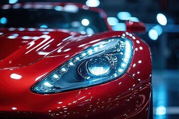 Detail on one of the LED headlights super car on black background