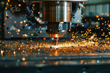 dynamic industrial milling process with vibrant sparks from cnc machine - obrazy, fototapety, plakaty