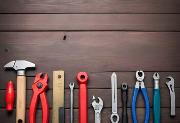 Various tools including wrenches, pliers, and a red tool on a wooden background