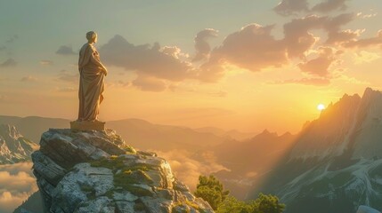 beautiful female stoic philosopher standing on the top of the mountain with beautiful sunrise in the background