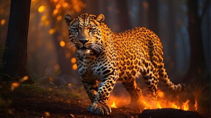 A leopard in the wild is ambling through a woodland that is on fire. Orange and yellow flames engulf the forest, casting an ominous glow. The leopard fur is illuminated by the fiery hues as it cautiou