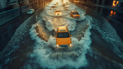 Urban Deluge: Captivating Image of Cars Navigating Through a Flooded City Street at Dusk