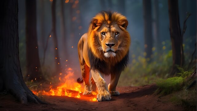 portrait of a lion, A lion in the wild is ambling through a woodland that is on fire. Orange and yellow flames engulf the forest, casting an ominous glow. The lion fur is illuminated by the fiery hues