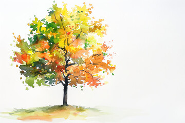 Minimalistic watercolor of a Maple Tree on a white background, cute and comical,