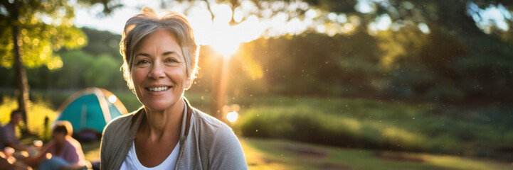 Portrait of smiling senior woman at campsite in countryside during sunset