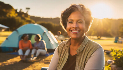 Portrait of smiling woman sitting in front of tent at campsite - Powered by Adobe