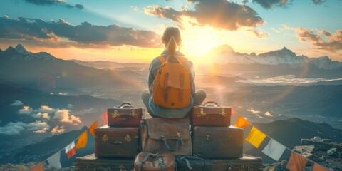 man sitting proudly atop a towering pile of luggage, exuding a sense of adventure and exploration.