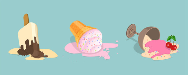 3D Isometric Flat Vector Illustration of Set of Fallen Ice Creams, Milk Dessert Lying on Floor