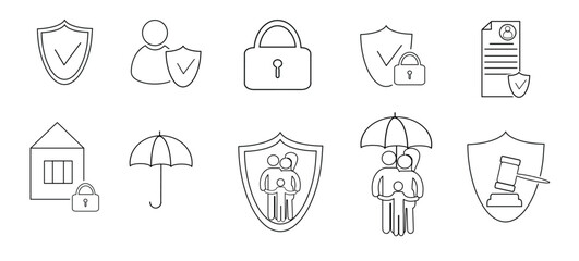 A set of icons. Modern design concepts, a collection of simple contour protection line icons isolated on a white background, flat vector illustrations