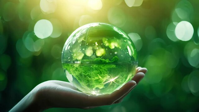 Hands holding green crystal globe ball, CSR, ESG, eco sustainable and low carbon business, environmental concept,

