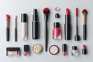 Cosmetics 3d icon set. Perfect look and beauty. powder, cream, makeup tools, lipstick, brush, foundation, mascara, face serum, Isolated icons, objects on a transparent background.