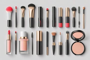 Cosmetics 3d icon set. Perfect look and beauty. powder, cream, makeup tools, lipstick, brush, foundation, mascara, face serum, Isolated icons, objects on a transparent background.