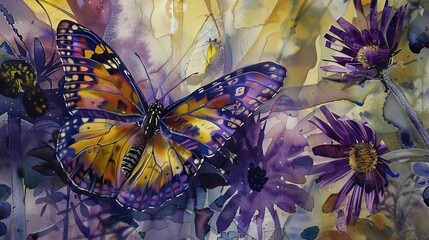 "Chromatic Voyage' of a butterfly through gardens, a style where the subject travels through a chromatic spectrum, in vibrant lavender and butter yellow