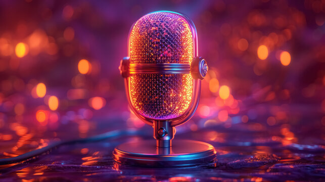 glittering wireframe microphone in holographic style on purple bokeh backdrop