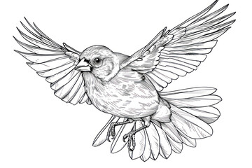 detailed black and white sketch of a bird in flight for coloring book