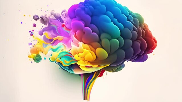 Rainbow human brain explosion, cognitive overload, creative inspiration, world mental health day, psychology and neurology concept
