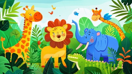 Bright and cheerful illustration of various African animals like elephants, giraffes, and a lion in a cartoon jungle setting, full of life and joy