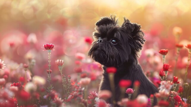 This striking image of a thoughtful black dog against a backdrop of sunset-tinged flowers embodies introspection
