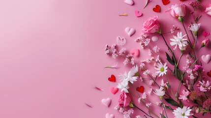 stylish mother's day composition with flowers and hearts on pink backdrop for celebration, with a copy space for text