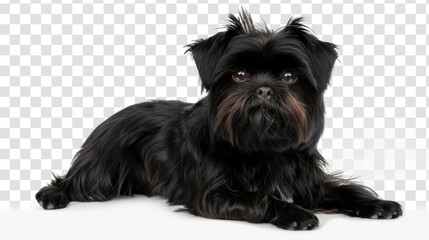 Black dog poised in prone position with a subtle expression on a transparent BG