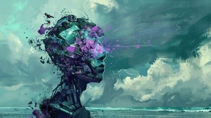 Cyborg in the style of Cyber Emotionscape Rennaissance, with Purple and teal classical forms merges in a digital world and emotive landscapes