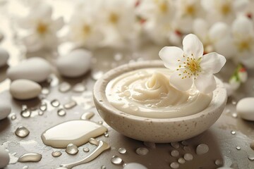 Warm skin care products face cream floats rocks