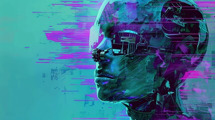 Cyborg in the style of Cyber Emotionscape Rennaissance, with Purple and teal classical forms merges in a digital world and emotive landscapes