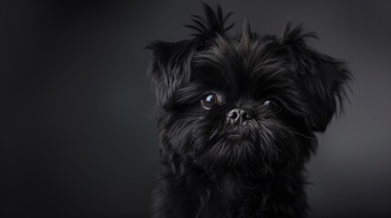 A close-up portrait of a black dog features its detailed expression in a dark, almost monochromatic artistic style