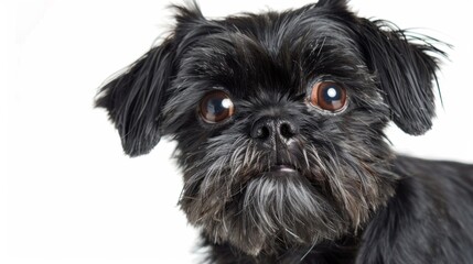 Detailed close-up of a Brussels Griffon dog's face, showcasing his deep brown eyes and textured black fur, against a clean white background