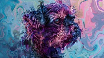 An artistic rendition of a dog's portrait blended with colorful abstract painting, making it vibrant and lively