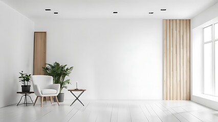 Fototapeta premium Modern minimalist interior with an armchair on empty white color wall background. 
