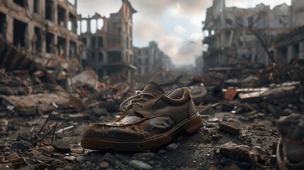Discarded Shoe Amidst the Ruins of a Destroyed City - World War Concept