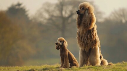 Image of an elegant standard poodle and smaller poodle against a peaceful natural landscape showcasing their beauty