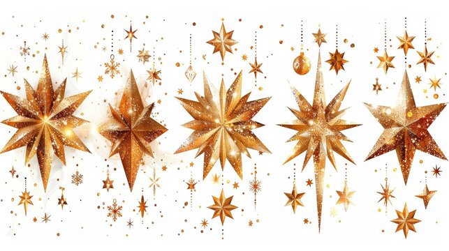 A modern illustration set of gold sparkles. Various geometric gold stars on white background. Art design for stickers, decorations, party invitations.