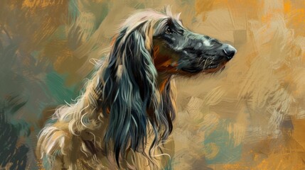 Artistic profile portrait of a long-haired dog, intriguingly gazing into the distance, against a textured orange backdrop