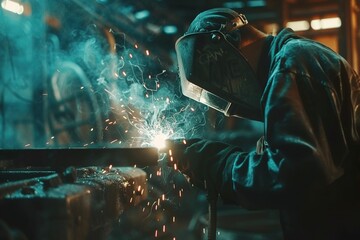 Steel welding facilities. Workers wearing industrial uniforms and welded iron masks. Occupational safety and industrial safety concept. Industry. Metal factory. Protective workwear.