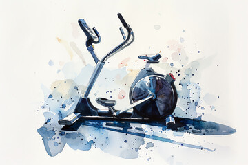Minimalistic watercolor of an Elliptical machine on a white background, cute and comical,