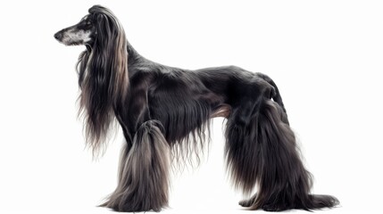 Full side profile of a stunning black Afghan Hound against a white background, showcasing its elegant form and flowing coat