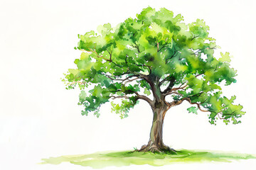 Minimalistic watercolor of an Oak Tree on a white background, cute and comical,