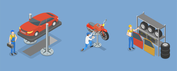 3D Isometric Flat Vector Illustration of Auto Repair Services , Moto Shop