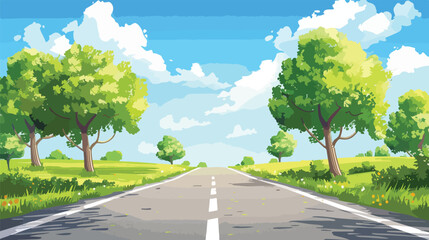 Vector illustration of nature landscape, long road and trees