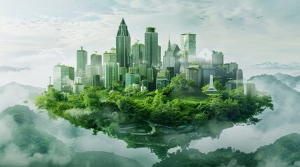 Obraz premium Surreal Eco-Friendly Cityscape Floating on a Cloud Above Forest