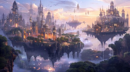 Fototapeta premium Majestic Fantasy Cityscape at Twilight with Floating Islands and Castles